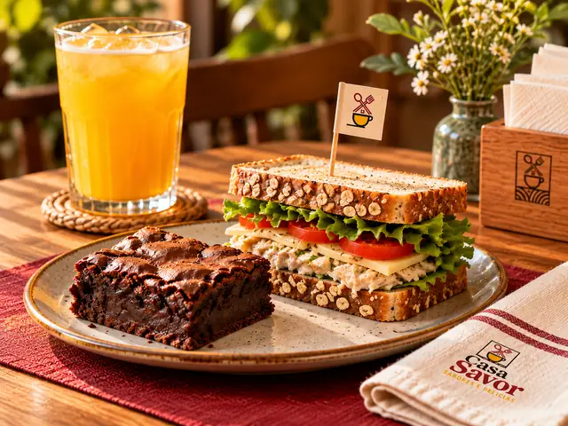 Degustação Casa Savor com brownie, sanduíche natural zero lactose, suco e logomarca original